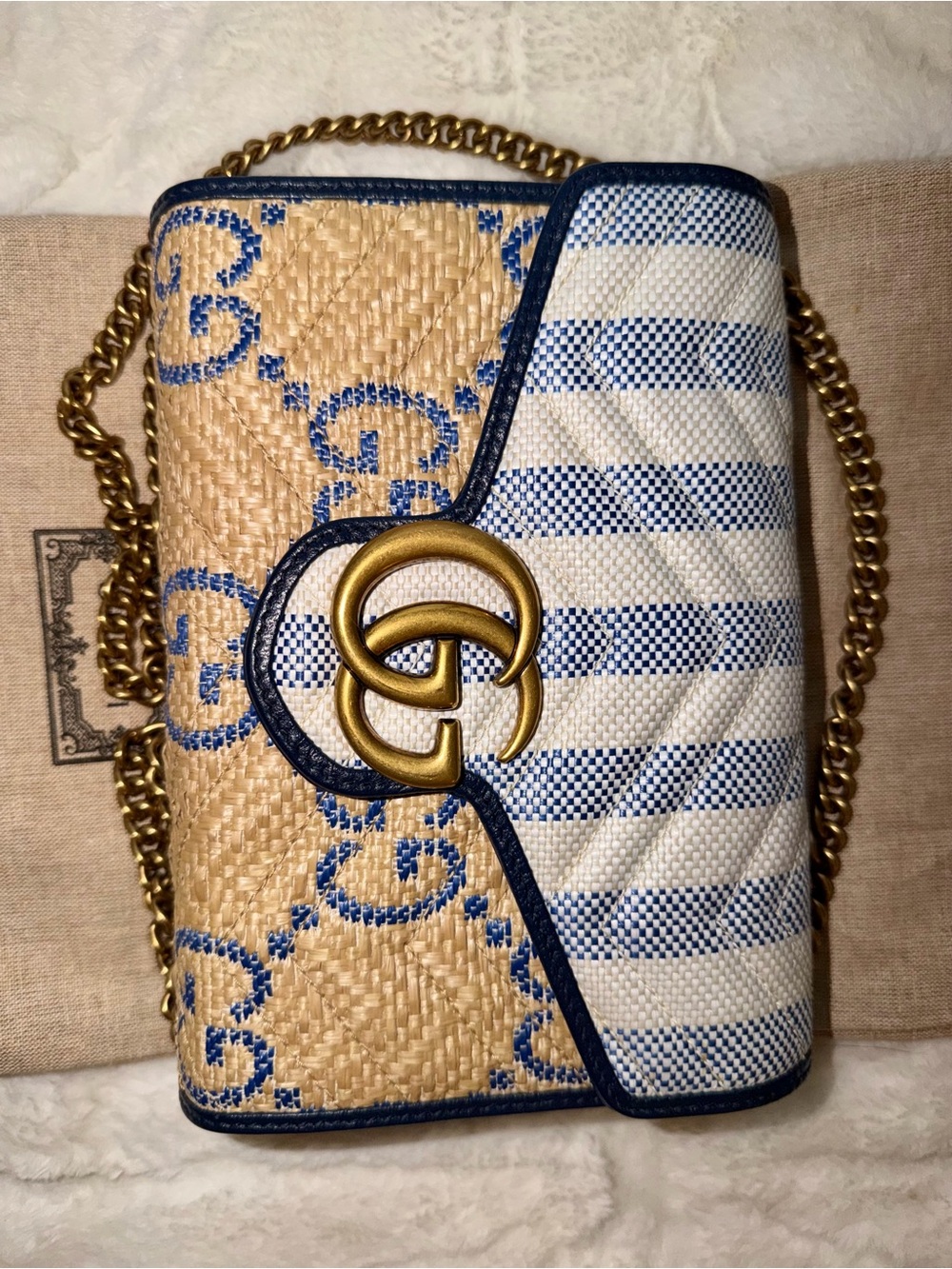 Gucci Blue & Natural Straw GG Crossbody with Gold Hardware